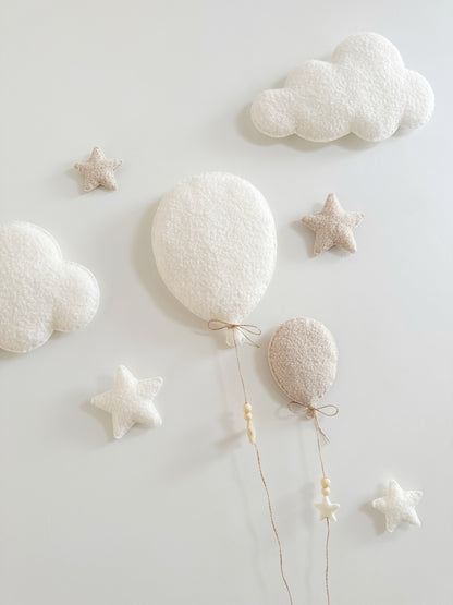 Balloons, Clouds & Stars Wall Display Set - 2 Balloons - Small Teddy Bear - Ivory & Ecru Bouclé