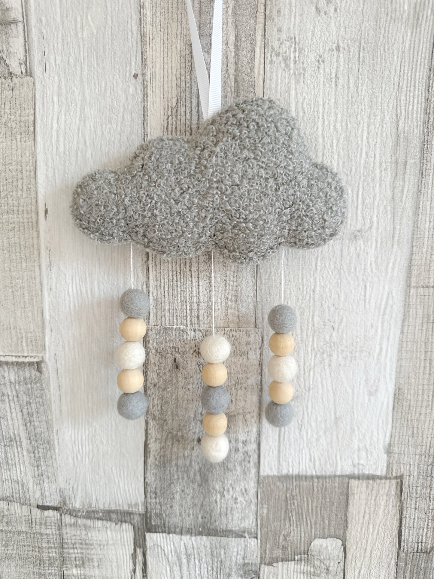 Cloud & Felt Balls Wall Hanger - Light Grey Bouclé - READY TO POST