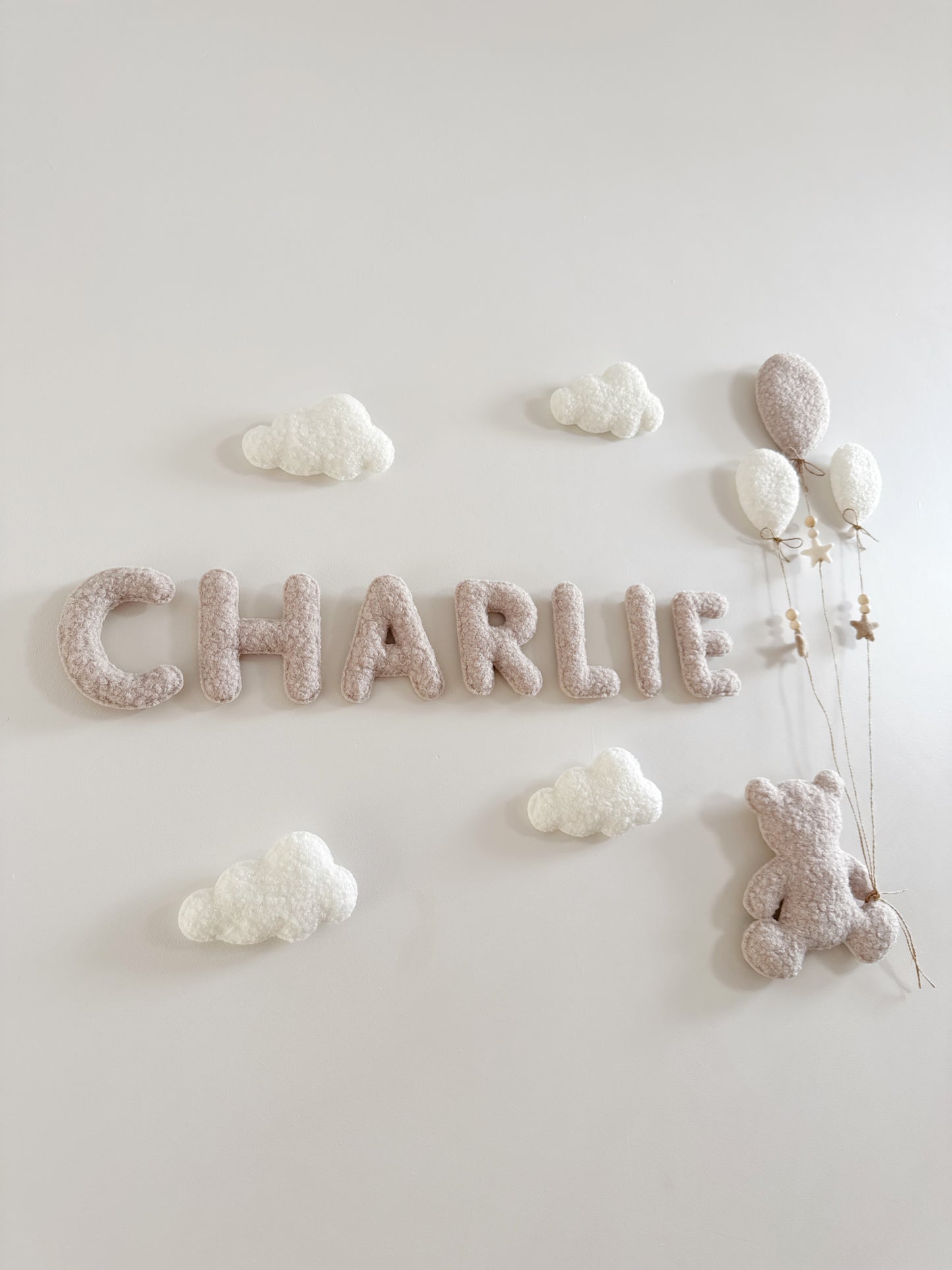 Personalised Name with Large Teddy Bear - Small & Mini Balloons 9pc Wall Display Set - Ivory & Stone Bouclé