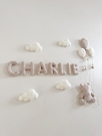 Personalised Name with Large Teddy Bear - Small & Mini Balloons 9pc Wall Display Set - Ivory & Stone Bouclé