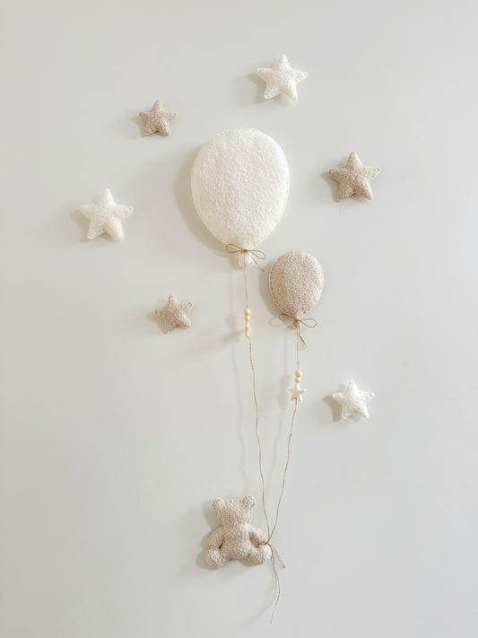 Balloons & Stars Wall Display Set  - 2 Balloons - Small Teddy Bear - Ivory & Ecru Bouclé