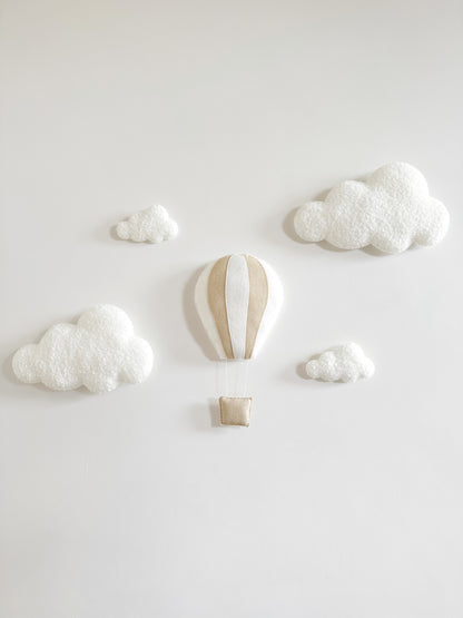 Layered Felt Hot Air Balloon & 4 Bouclé Clouds Wall Display Set - Neutral