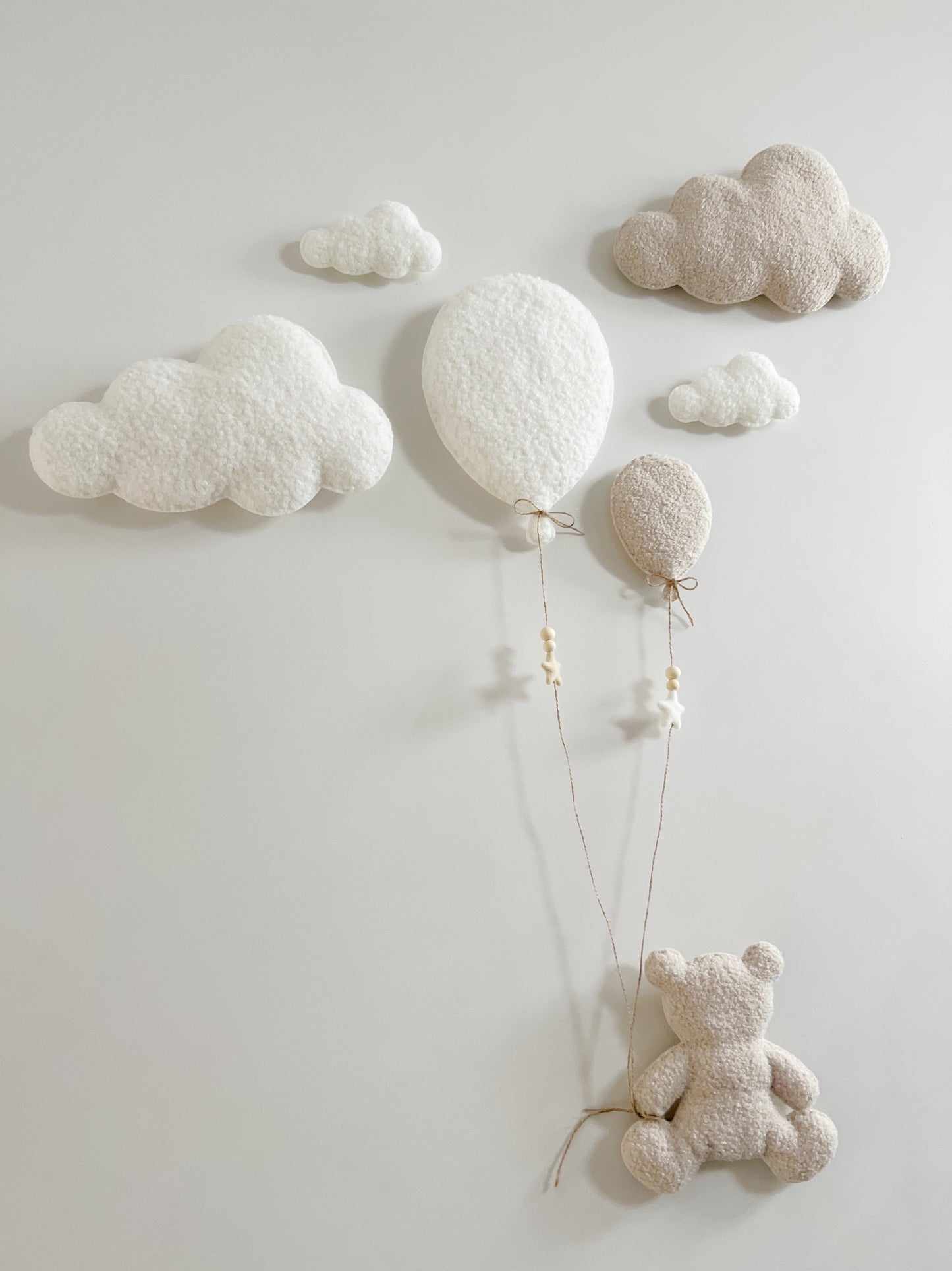 Balloons & Clouds Wall Display Set - 2 Balloons, Large Teddy Bear - Ivory & Ecru Bouclé