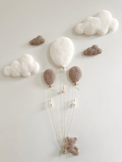 Balloons & Clouds Wall Display Set - 3 Balloons - Small Teddy Bear - Ivory & Taupe Bouclé