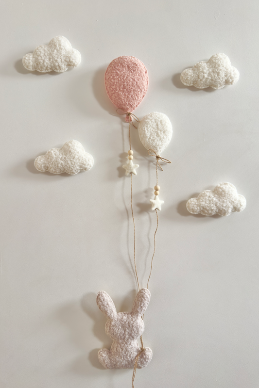 Balloon & Clouds Wall Display Set - 7 piece Small & Mini Balloons - Large Bunny - Ivory, Stone & Baby Pink Bouclé