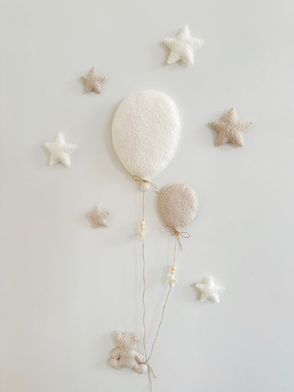 Balloons & Stars Wall Display Set  - 2 Balloons - Small Teddy Bear - Ivory & Ecru Bouclé