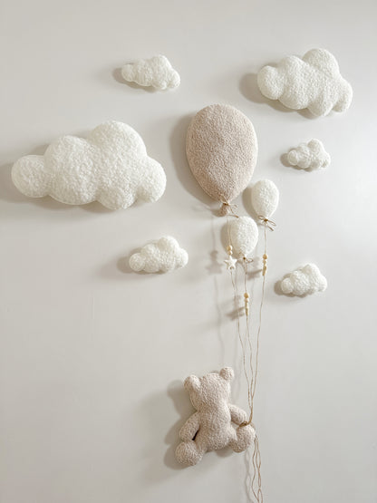 Balloons & Clouds Wall Display Set -10 piece set - Large Teddy Bear - Ivory & Ecru Bouclé