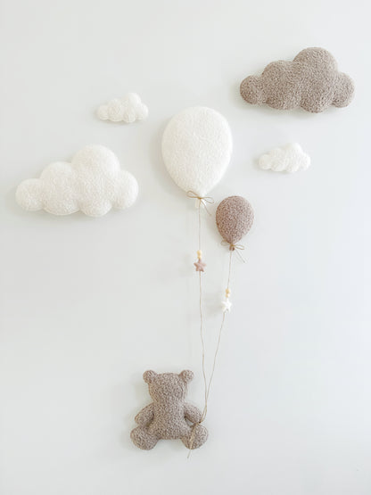 Balloons & Clouds Wall Display Set - 2 Balloons, Large Teddy Bear - Ivory & Taupe Bouclé