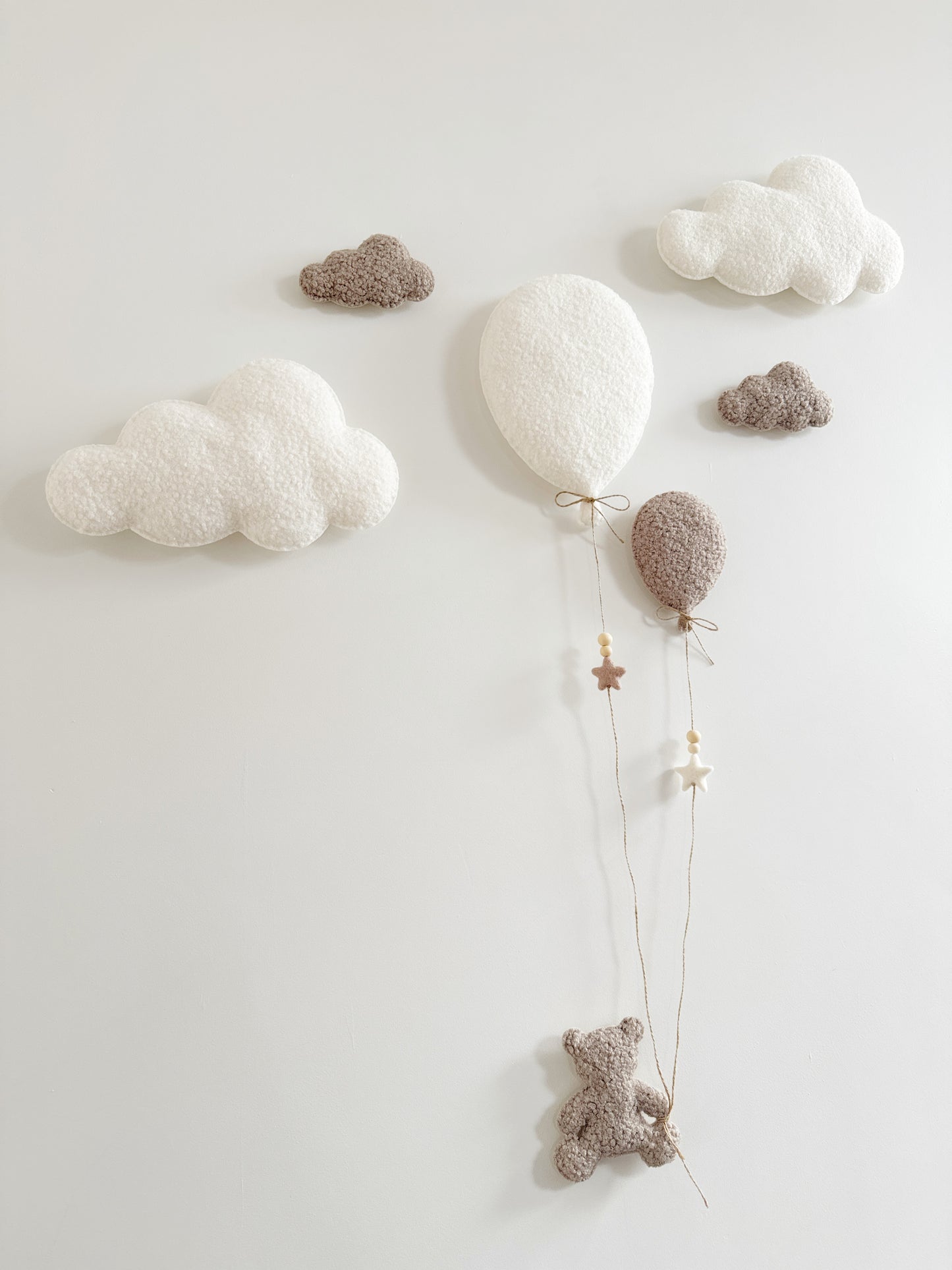 Balloons & Clouds Wall Display Set - 2 Balloons, Small Teddy Bear - Ivory & Taupe Bouclé