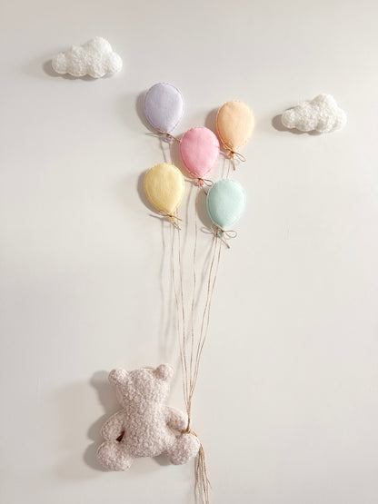 Balloons & Clouds Wall Display Set - 5 Pastel Mini Balloons, Large Teddy Bear - Ivory & Stone Bouclé