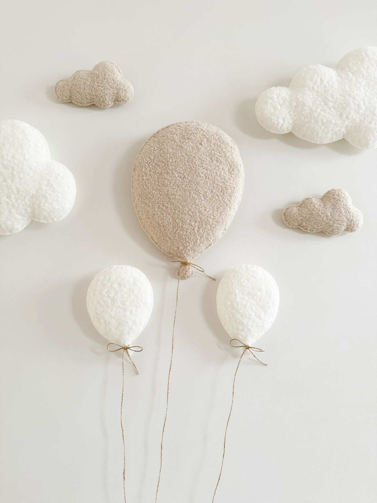 Balloons & Clouds Wall Display Set #2 - 3 Balloons - Small Teddy Bear - Ivory & Ecru Bouclé