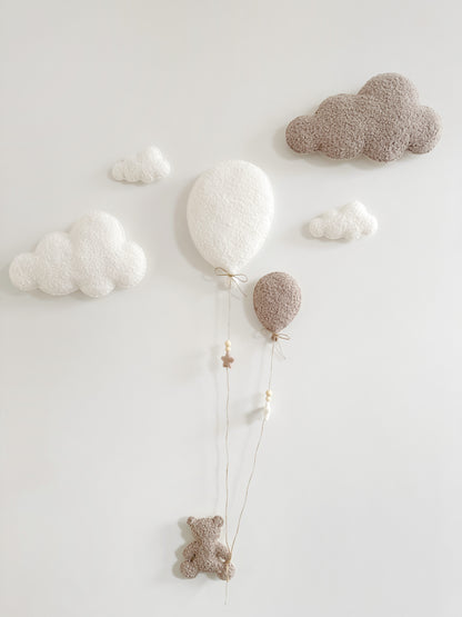 Balloons & Clouds Wall Display Set - 2 Balloons - Small Teddy Bear - Ivory & Taupe Bouclé