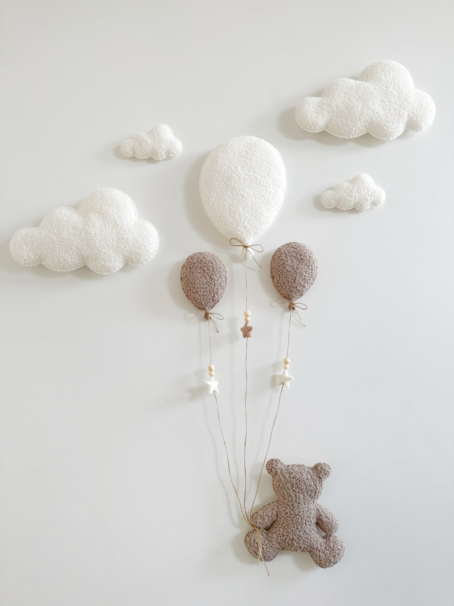 Balloons & Clouds Wall Display Set - 3 Balloons - Large Teddy Bear - Ivory & Taupe Bouclé