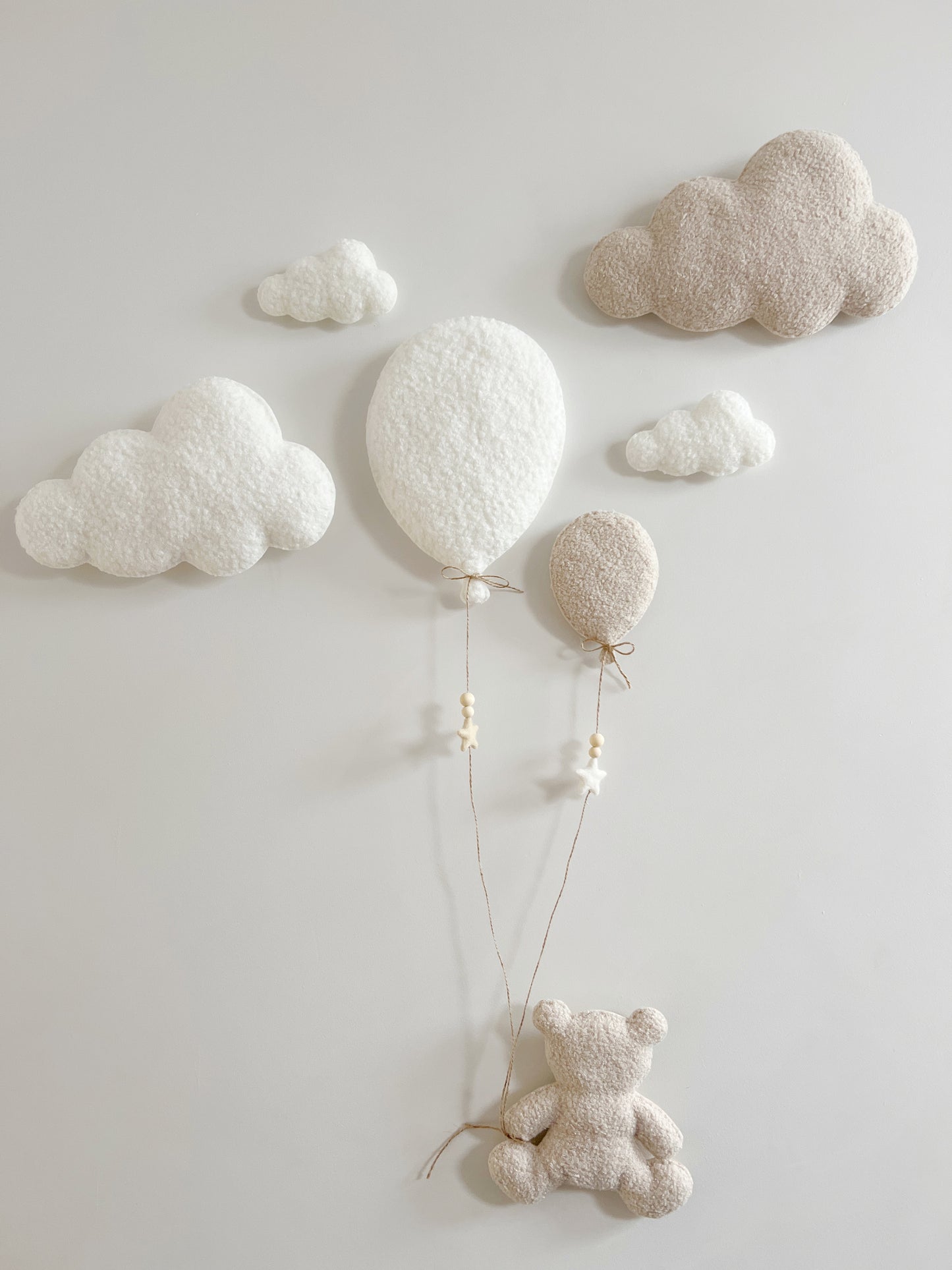 Balloons & Clouds Wall Display Set - 2 Balloons, Large Teddy Bear - Ivory & Ecru Bouclé