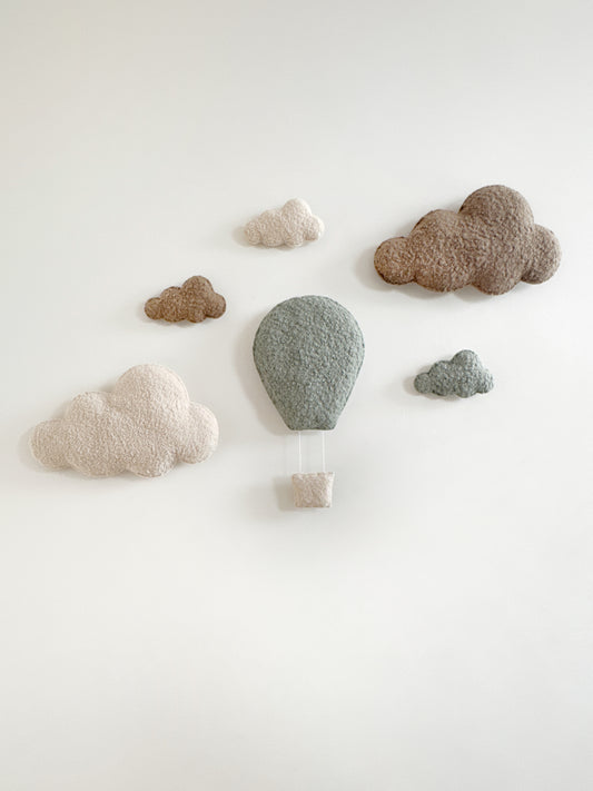 Large Hot Air Balloon Wall Display Set with XL & Small Clouds - 6 piece set - Ecru, Teddy Brown & Light Sage Bouclé