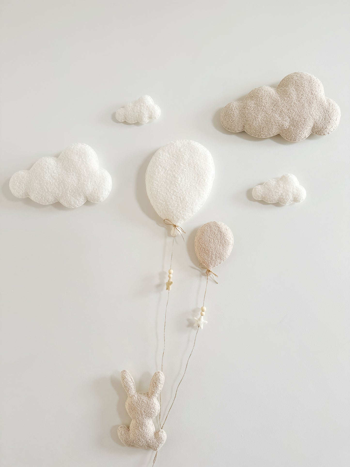 Balloons & Clouds Wall Display Set - 2 Balloons, Large Bunny - Ivory & Ecru Bouclé