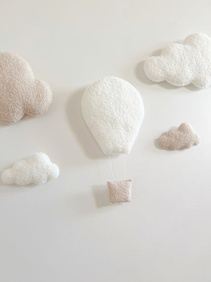 Hot Air Balloon & Clouds Wall Display Set - XL & Small Clouds - Ivory & Ecru Bouclé