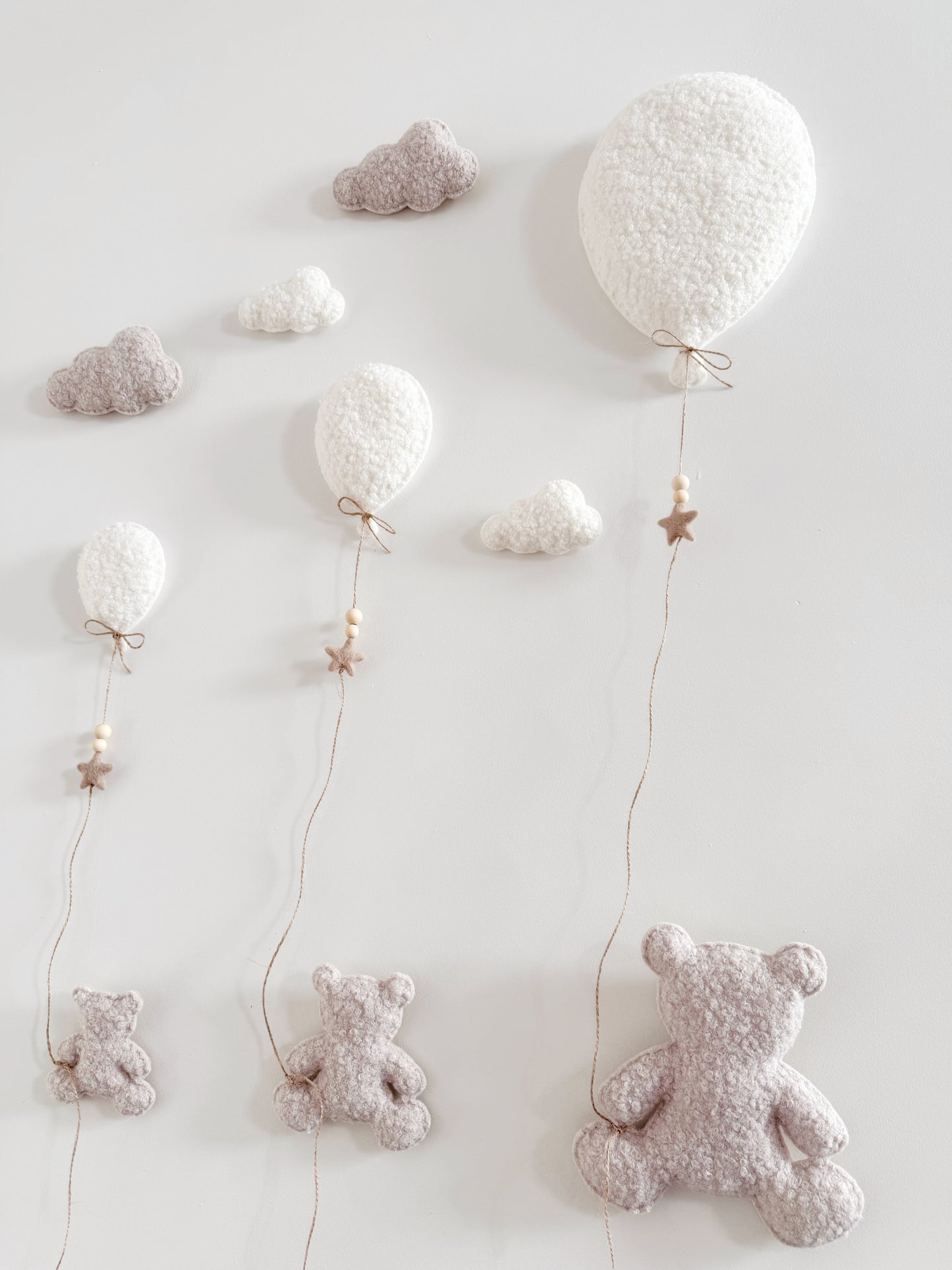 Family of 3 Teddy Bears with  Balloons & Clouds Wall Display Set - Ivory & Stone Bouclé