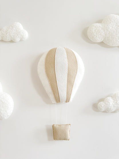 Layered Felt Hot Air Balloon & 4 Bouclé Clouds Wall Display Set - Neutral