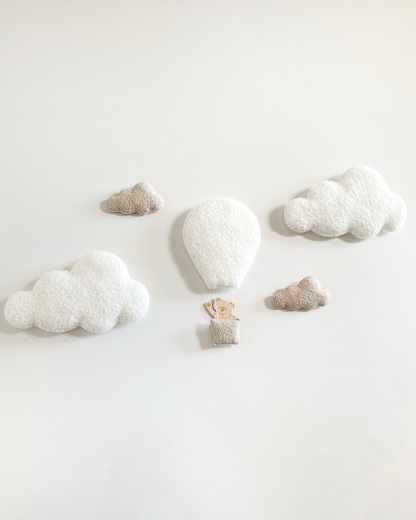 Hot Air Balloon, Clouds & Wooden Teddy Bear Wall Display Set - Ivory & Ecru Bouclé