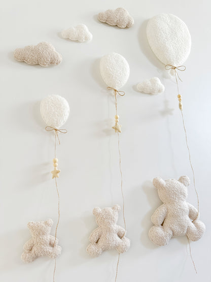 Family of 3 Teddy Bears with  Balloons & Clouds Wall Display Set - Ivory & Ecru Bouclé