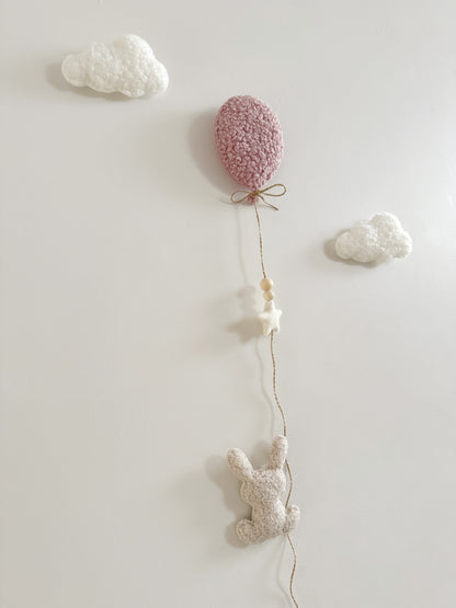 Mini Bunny Wall Display Set - Balloon & Bunny with Clouds - Ivory, Ecru & Dusty Rose Bouclé - READY TO POST