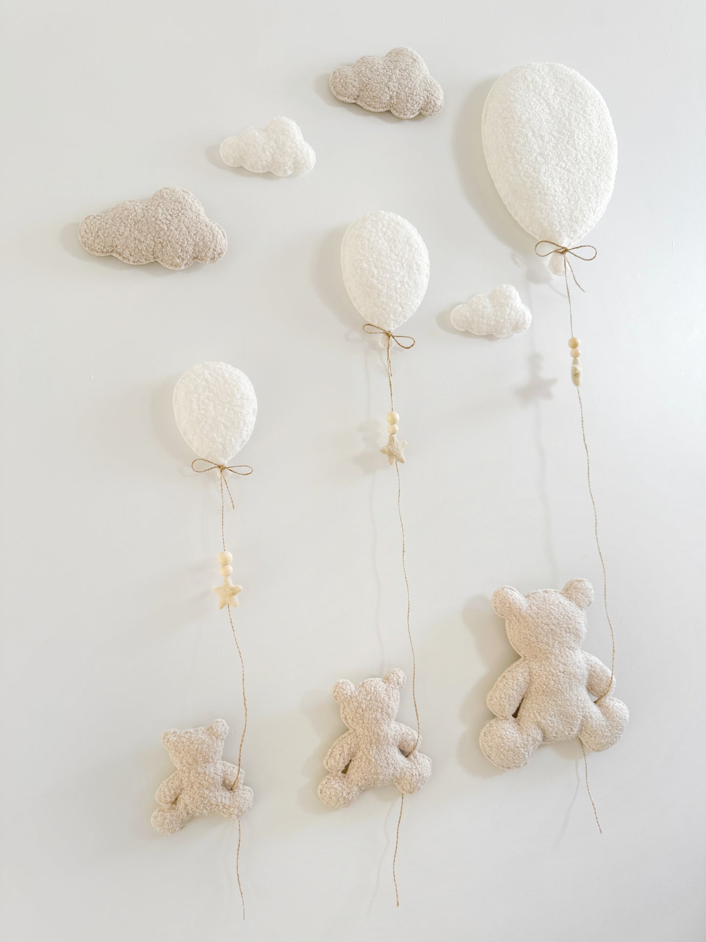 Family of 3 Teddy Bears with  Balloons & Clouds Wall Display Set - Ivory & Ecru Bouclé