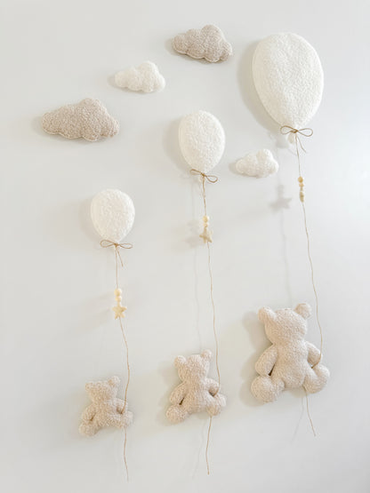 Family of 3 Teddy Bears with  Balloons & Clouds Wall Display Set - Ivory & Ecru Bouclé