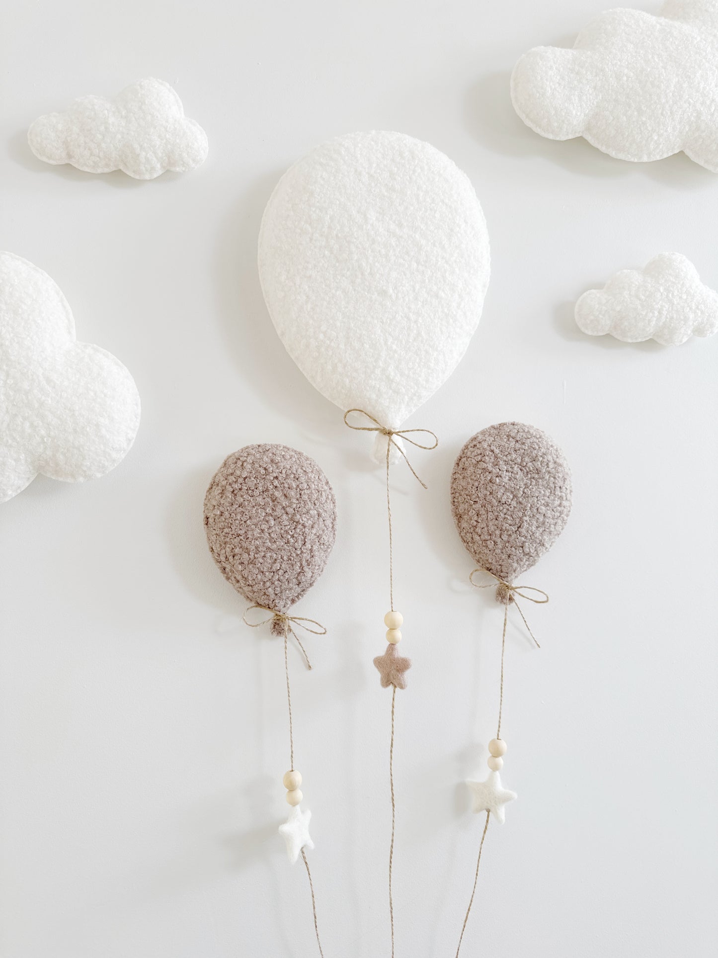 Balloons & Clouds Wall Display Set - 3 Balloons - Large Teddy Bear - Ivory & Taupe Bouclé