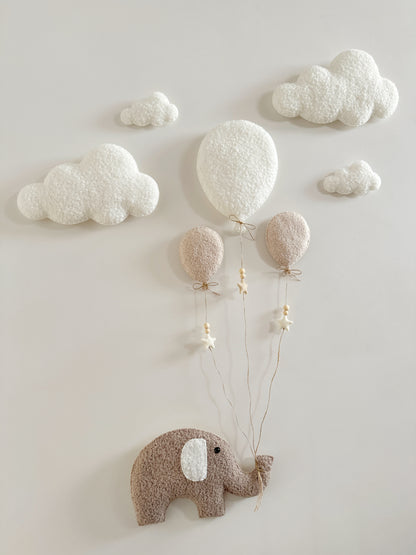 Balloons & Clouds Wall Display Set - 3 Balloons - XL Elephant - Ivory & Ecru Bouclé Balloons