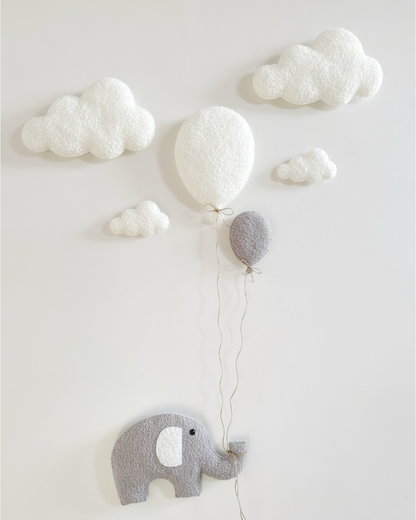 Balloons & Clouds Wall Display Set - 2 Balloons, XL Elephant - Ivory & Light Grey Bouclé