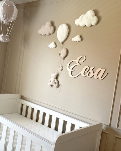 Balloons & Clouds Wall Display Set - 2 Balloons, Large Teddy Bear - Ivory & Ecru Bouclé