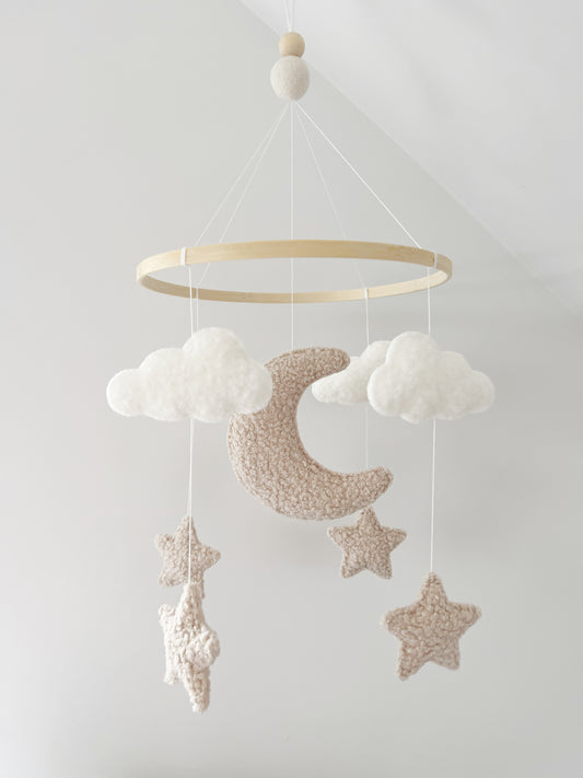 Moon, Clouds & Stars Cot Mobile - Ivory & Ecru Bouclé - Without beads & felt balls