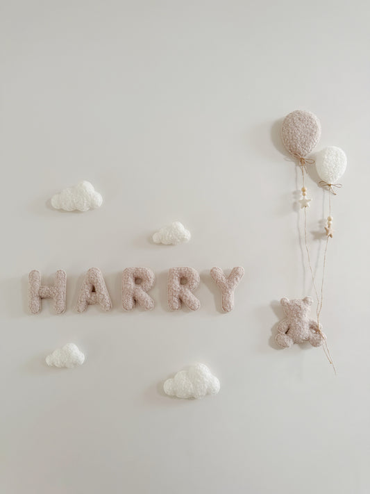Personalised Name with Small Teddy Bear - Small & Mini Clouds - 2 Balloons 8pc Wall Display Set - Ivory & Stone Bouclé