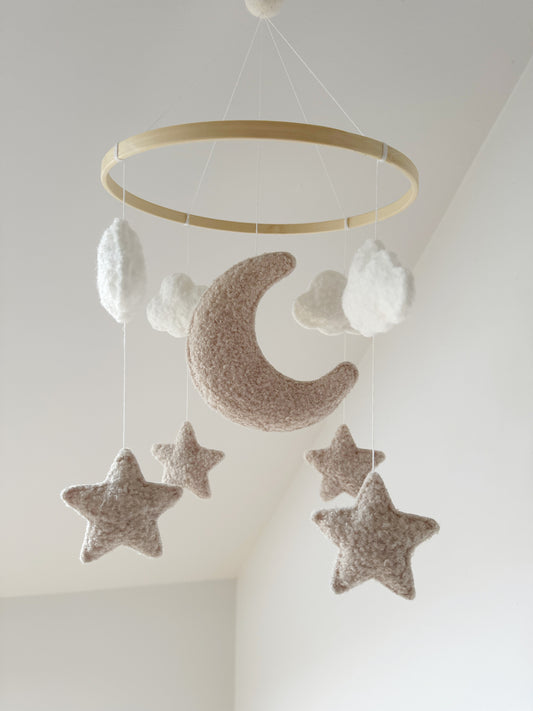 Moon, Clouds & Stars Bouclé Cot Mobile - Ivory & Ecru - READY TO POST
