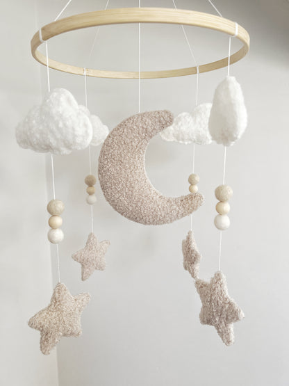 Moon, Clouds & Stars Cot Mobile - Ivory & Ecru Bouclé
