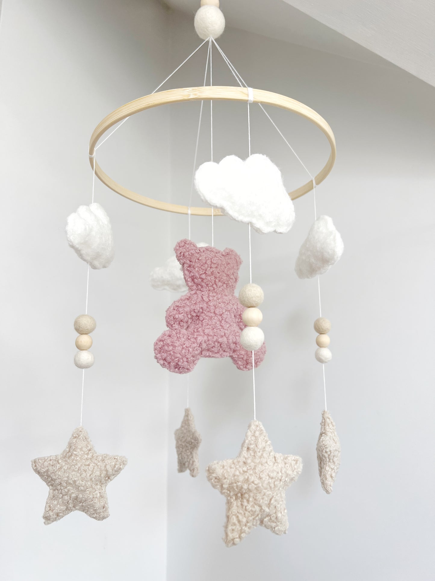 Bouclé Teddy Bear, Clouds & Stars Cot Mobile