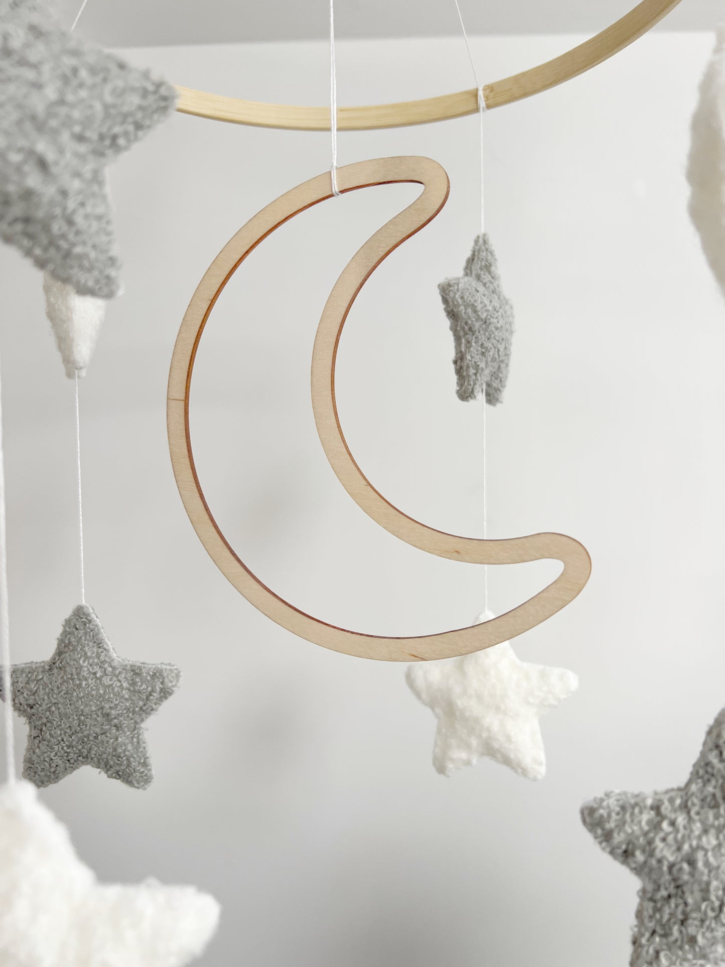 Wooden Moon with Ivory & Light Grey Bouclé Stars Cot Mobile