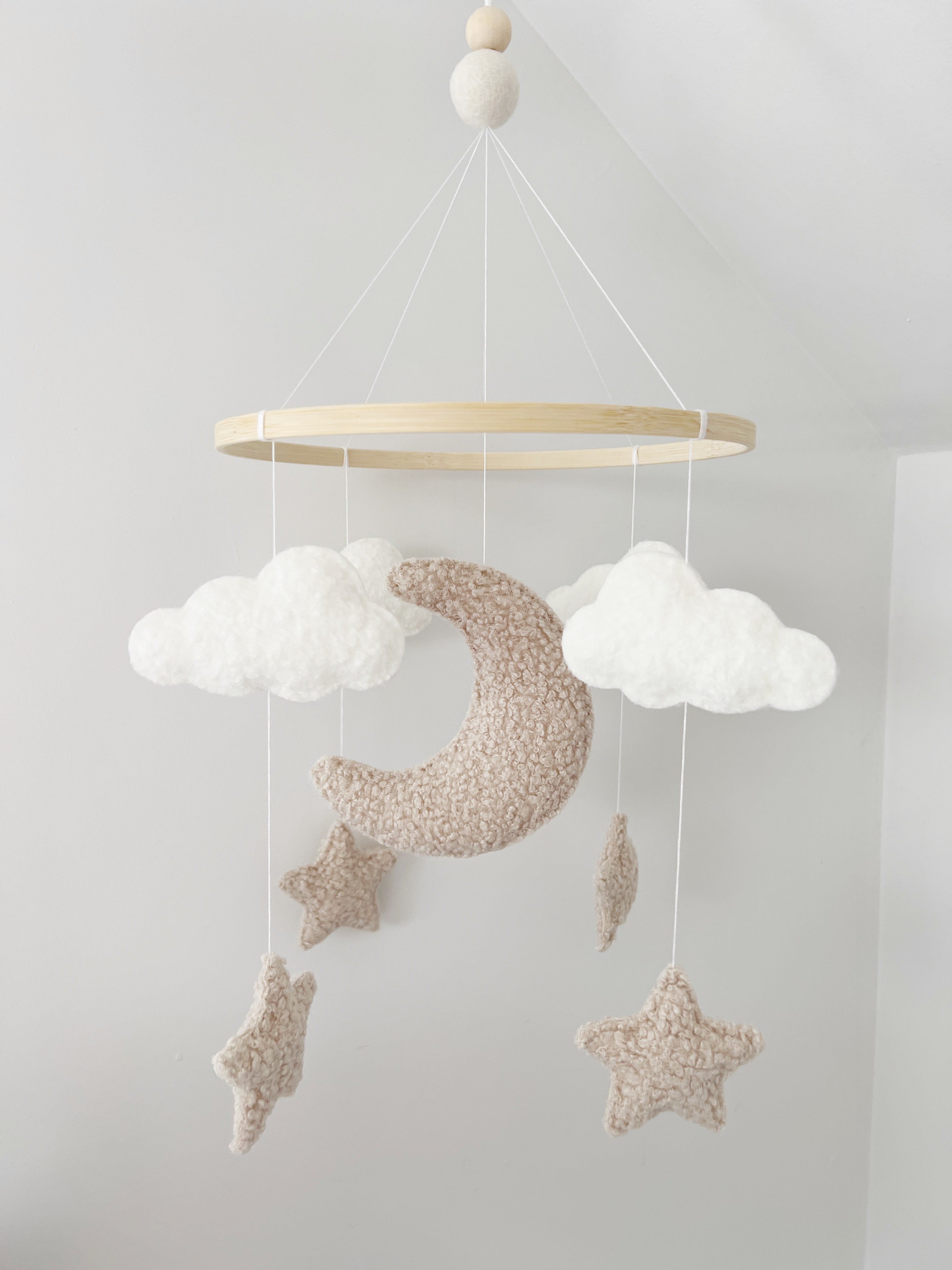 Moon Clouds Stars Cot Mobile Ivory Ecru Boucl Without beads felt balls