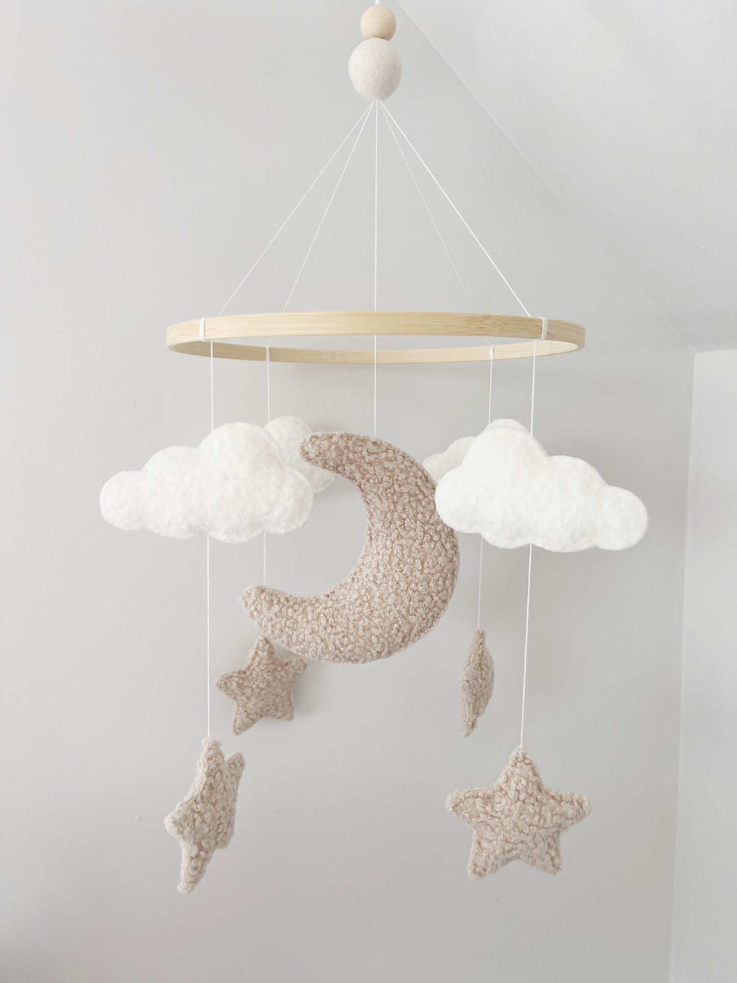 Moon, Clouds & Stars Cot Mobile - Ivory & Ecru Bouclé - Without beads & felt balls