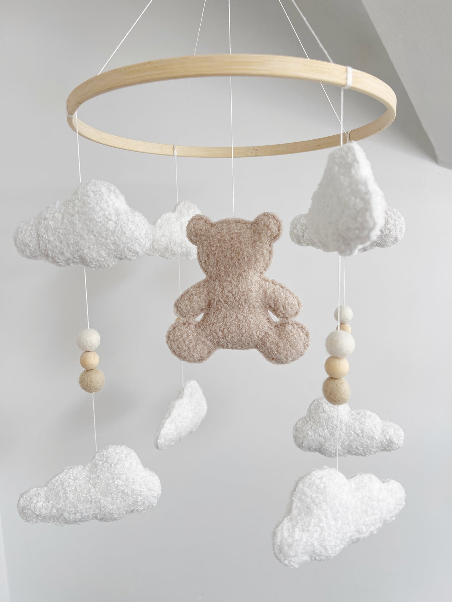 Bouclé Teddy Bear & Clouds Cot Mobile