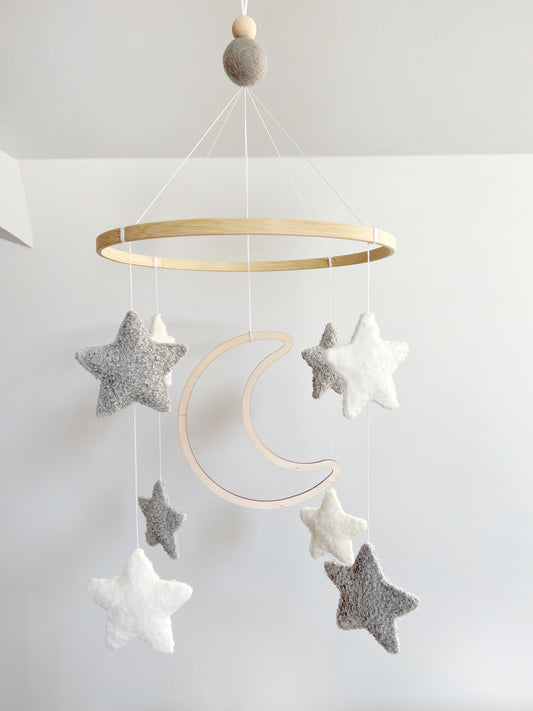 Wooden Moon with Ivory & Light Grey Bouclé Stars Cot Mobile