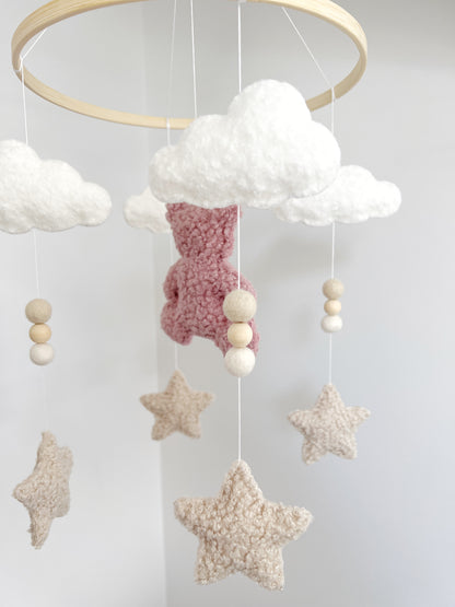 Bouclé Teddy Bear, Clouds & Stars Cot Mobile