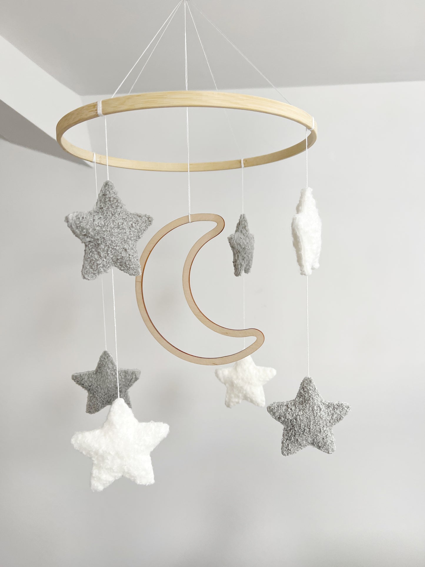 Wooden Moon with Ivory & Light Grey Bouclé Stars Cot Mobile