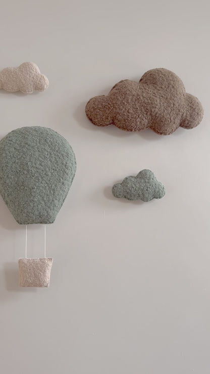 Large Hot Air Balloon Wall Display Set with XL & Small Clouds - 6 piece set - Ecru, Teddy Brown & Light Sage Bouclé