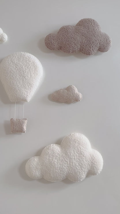 Large Hot Air Balloon Wall Display Set with XL & Small Clouds  - 7 piece set - Ivory, Taupe & Ecru Bouclé