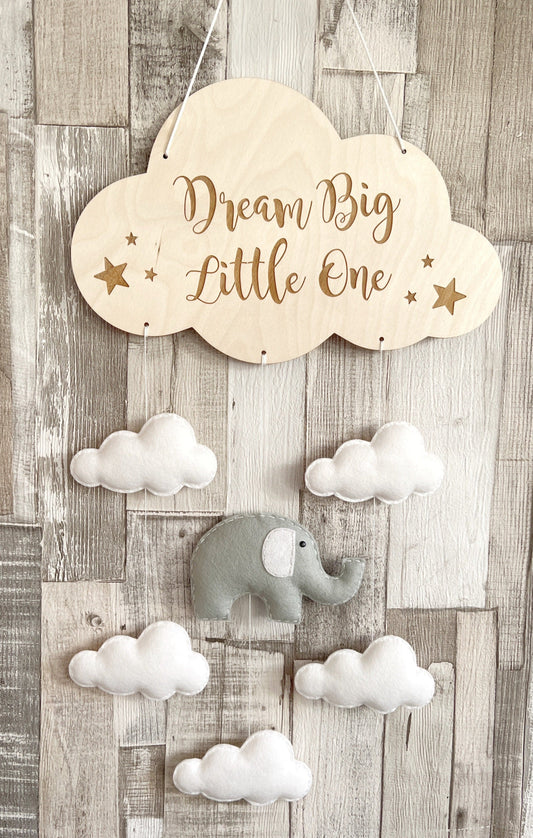 Dream Big Little One Elephant & Clouds Wall Mobile, Elephant Theme Nursery, Cloud Theme Nursery, Elephant Nursery Decor, Nursery Wall Art, Cloud Theme Nursery, Grey & White Nursery Decor, Neutral Nursery Decor, White Cloud Theme Nursery, Baby Mobile, Nursery Mobile, Baby Room Decoration, Elephant Nursery Mobile