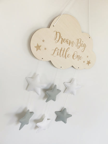 Dream Big Little One Cloud Wall Mobile - Grey & White Stars