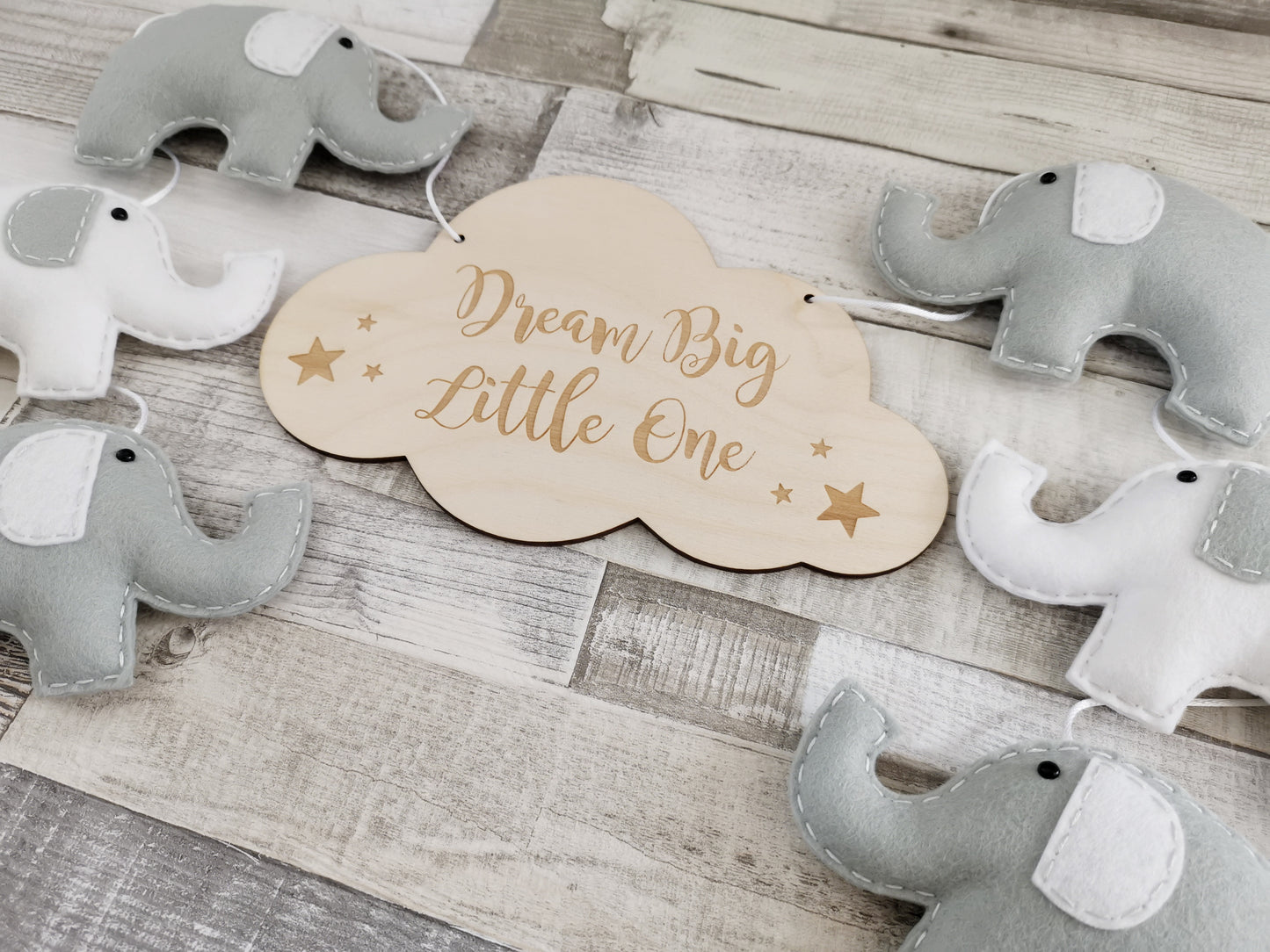 Dream Big Little One Elephants Bunting - Grey & White
