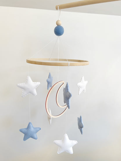 Wooden Moon with Blue & White Stars Cot Mobile
